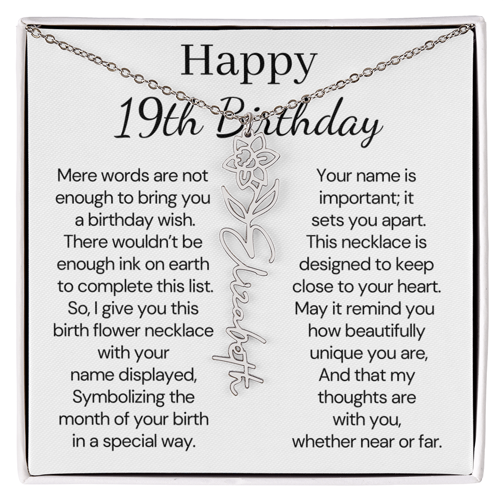 Personalized 19th Birthday Gift for Her  – Customized Birth Flower Name Necklace – 19th Birthday Jewelry Gift for Granddaughter, Daughter, or Niece