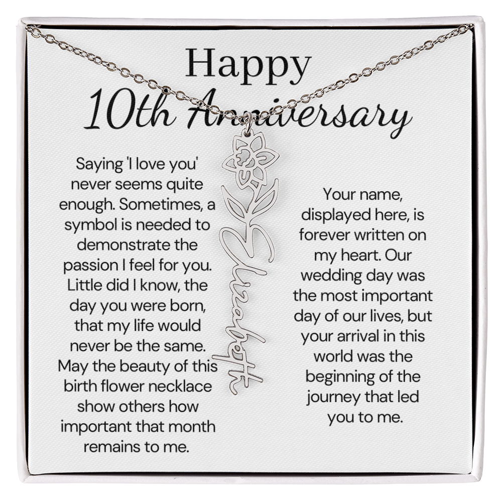 Personalized 10th Wedding Anniversary Gift for Wife – Customized Birth Flower Name Necklace – Unique Tenth Anniversary Gift Ideas for Wife from Husband
