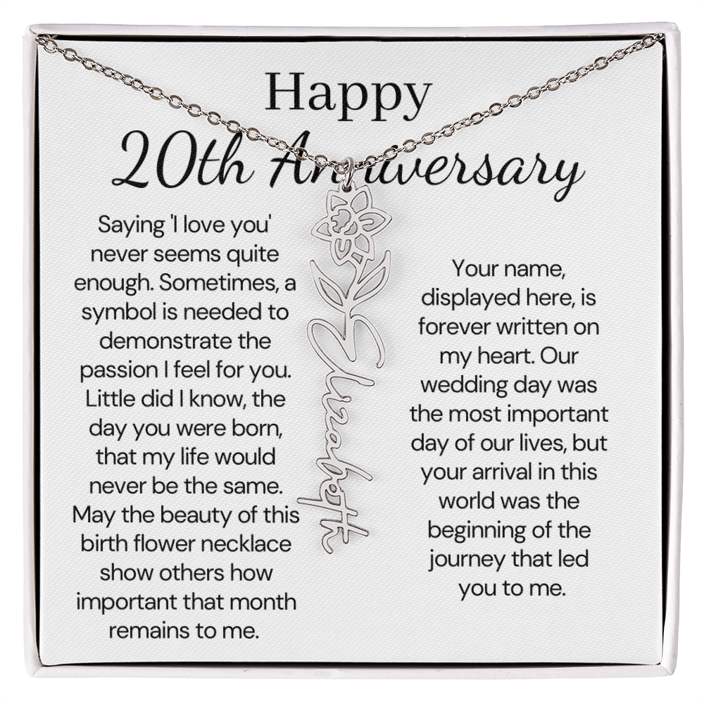 Personalized 20th Anniversary Gift for Wife – Customized Birth Flower Name Necklace – Unique Twentieth Wedding Anniversary Gift Ideas for Wife from Husband