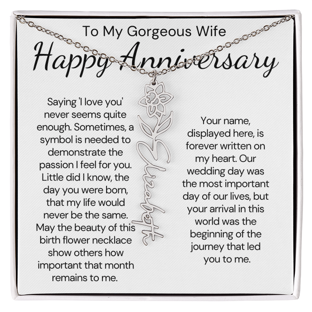 Personalized Anniversary Gift for Wife – Customized Birth Flower Name Necklace – Unique Wedding Anniversary Jewelry Gift from Husband