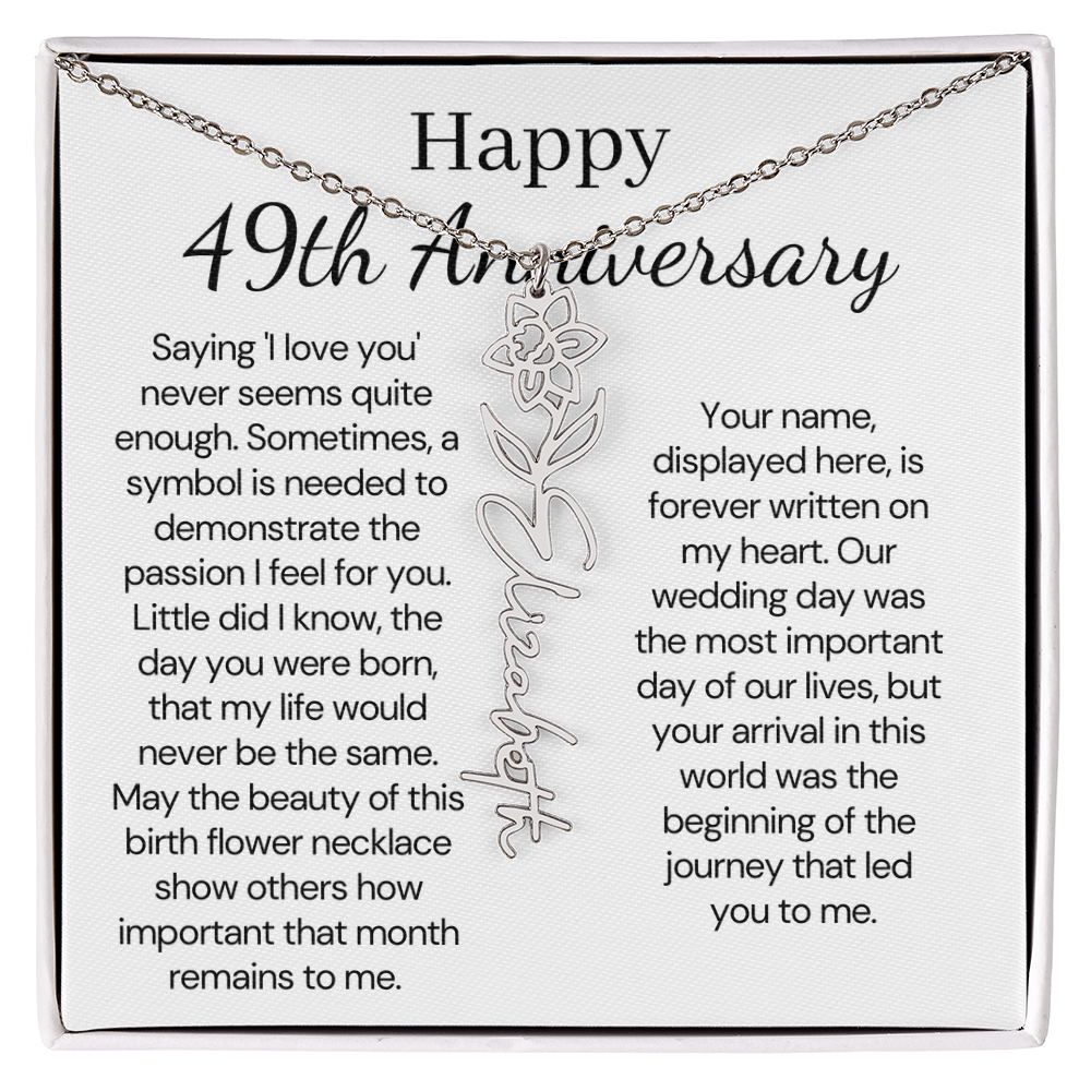 Personalized 49th Anniversary Gift for Wife – Customized Birth Flower Name Necklace – Unique Forty-Ninth Wedding Anniversary Gift Ideas for Wife from Husband