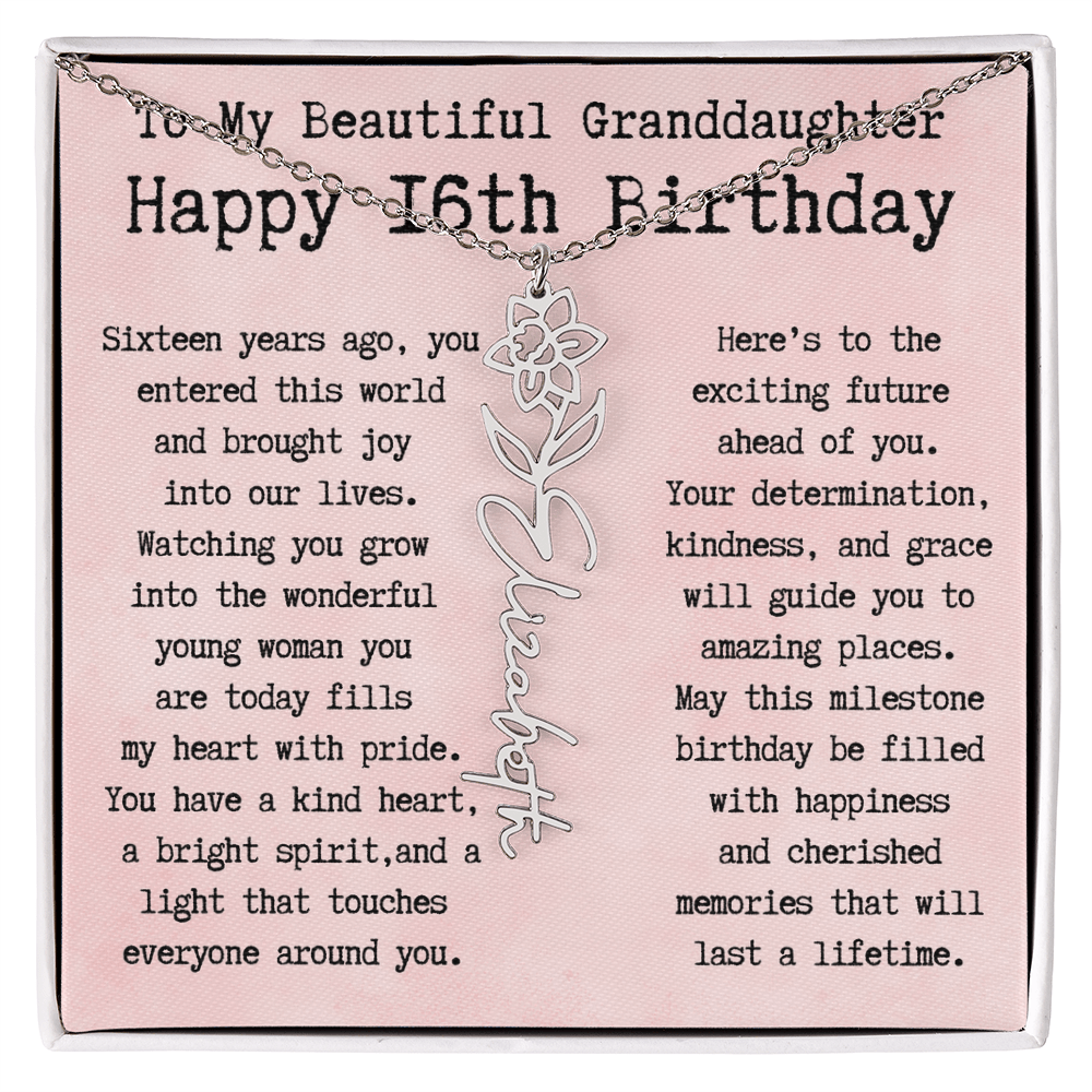 Personalized 16th Birthday Gift for Granddaughter – Customized Birth Flower Name Necklace – Sweet Sixteenth Jewelry Gift from Grandma