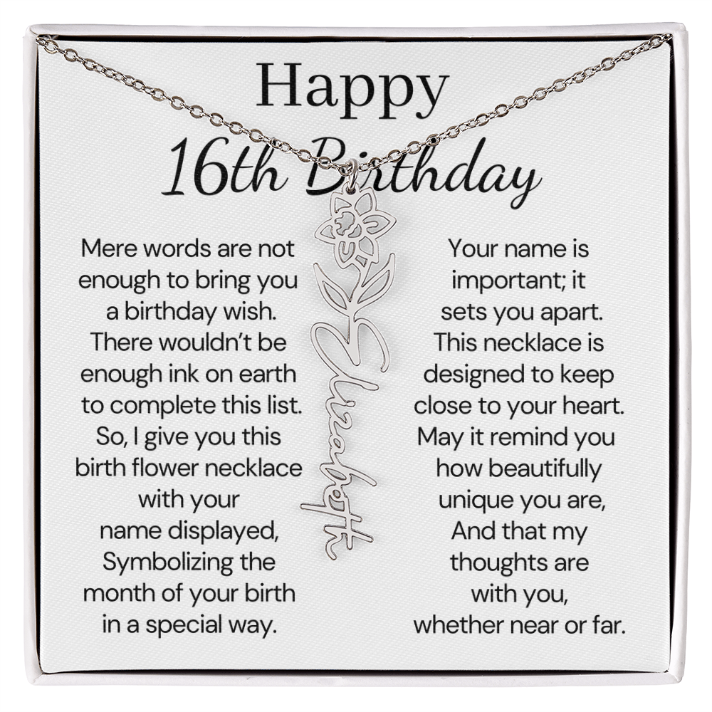 Personalized 16th Birthday Gift for Her  – Customized Birth Flower Name Necklace – Jewelry Gift for Granddaughter, Daughter, or Niece