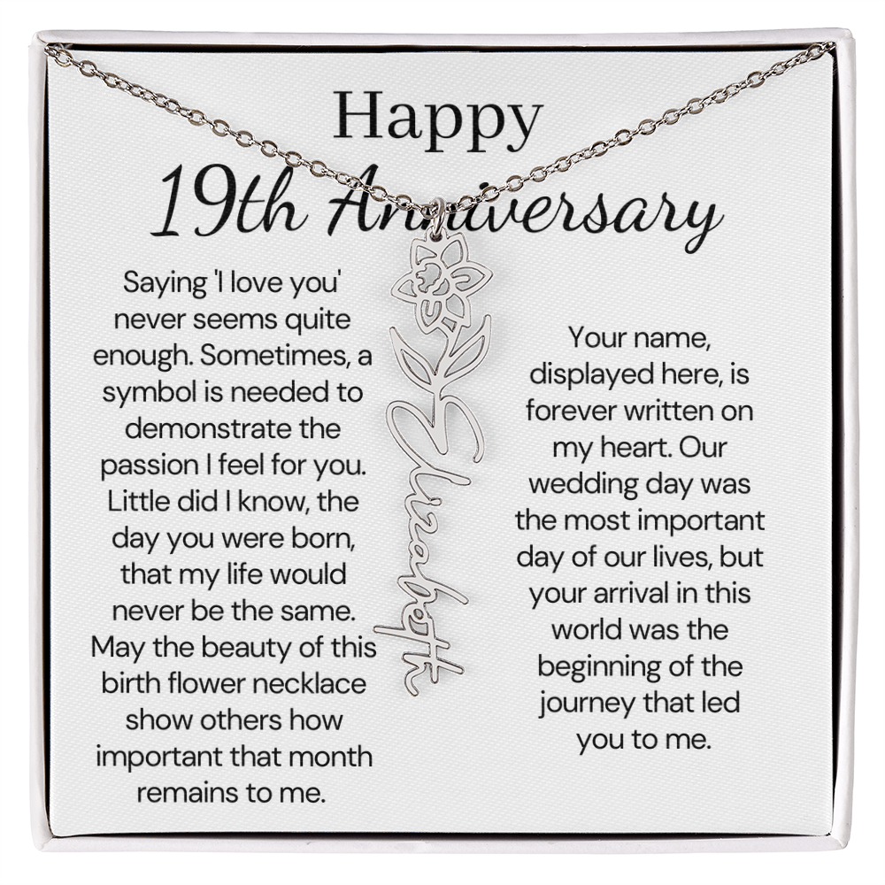 Personalized 19th Anniversary Gift for Wife – Customized Birth Flower Name Necklace – Unique Nineteenth Wedding Anniversary Gift Ideas for Wife from Husband