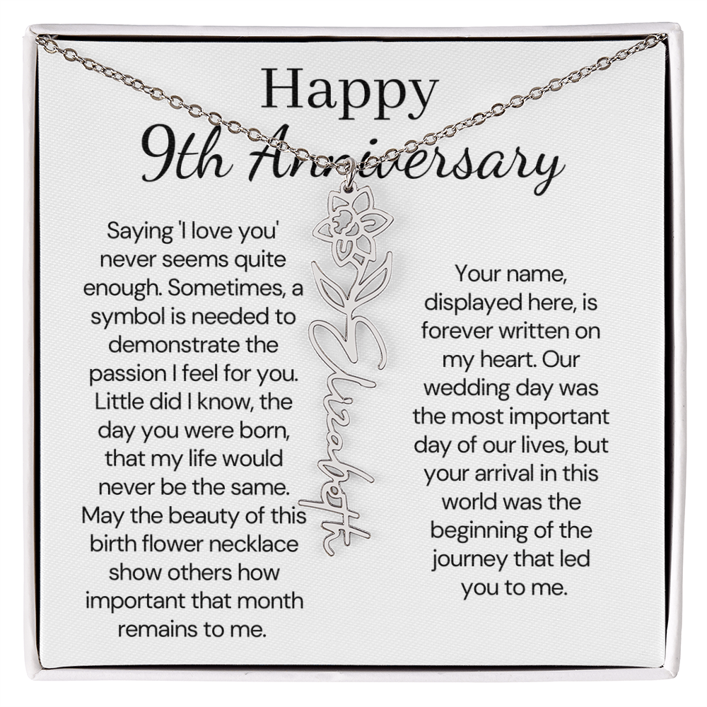 Personalized 9th Wedding Anniversary Gift for Wife – Customized Birth Flower Name Necklace – Unique Ninth Anniversary Gift Ideas for Wife from Husband
