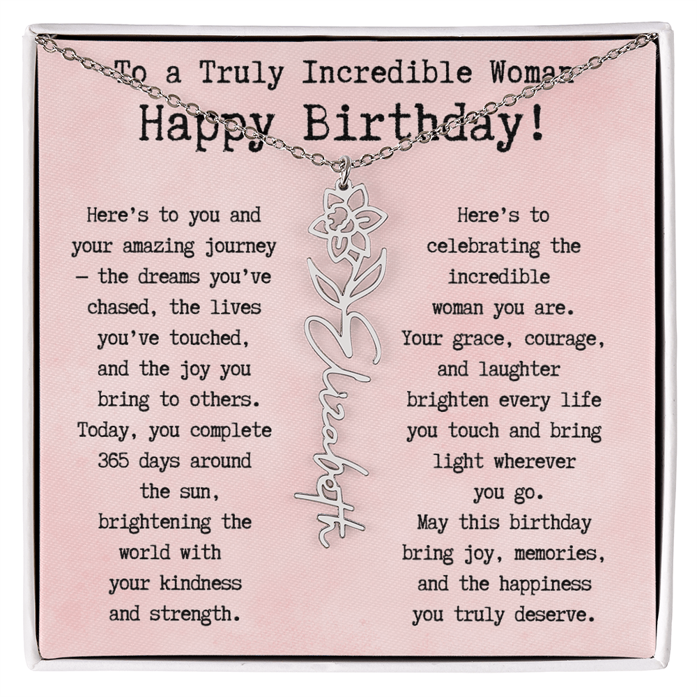 Personalized Birthday Gift for Her – Customized Birth Flower Name Necklace – Unique Jewelry Gift from Friend, Family, or Loved One