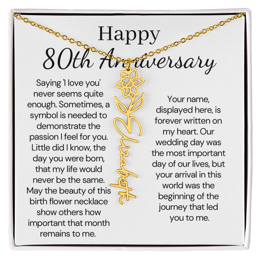 Personalized 80th Anniversary Gift for Wife – Customized Birth Flower Name Necklace – Unique Eightieth Wedding Anniversary Gift Ideas for Wife from Husband