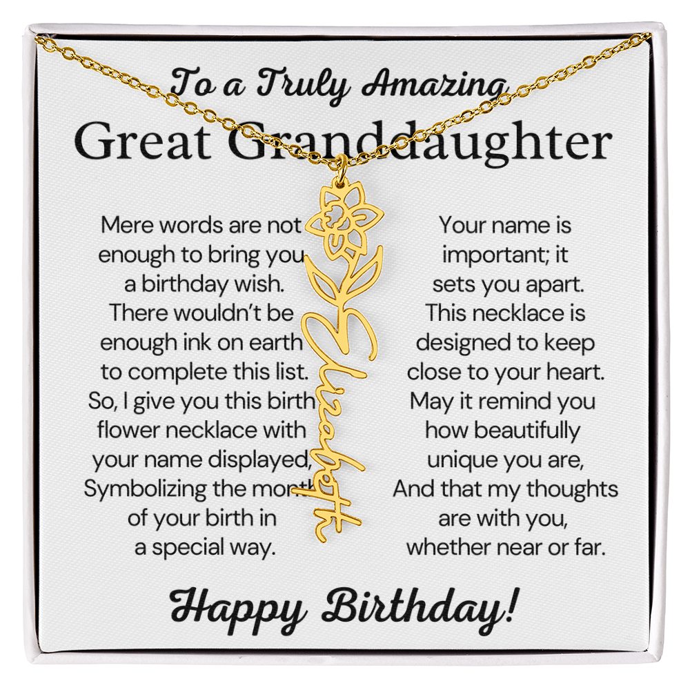 Personalized Birthday Gift for Great Granddaughter – Customized Birth Flower Name Necklace – Custom Jewelry Gift from Grandma