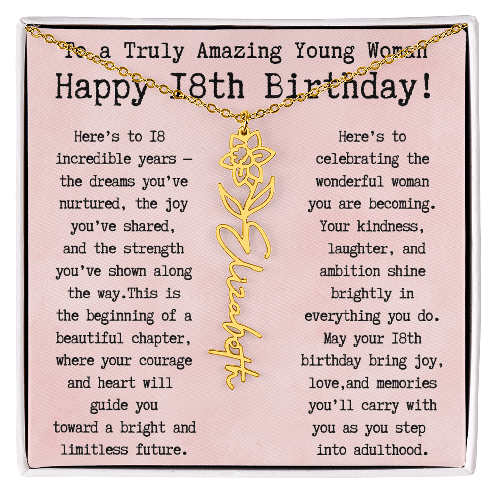 Personalized 18th Birthday Gift for Her – Customized Birth Flower Name Necklace – Unique Eighteenth Birthday Jewelry Gift from Grandma, Mom, Aunt, or Friend