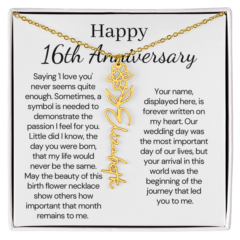 Personalized 16th Anniversary Gift for Wife – Customized Birth Flower Name Necklace – Unique Sixteenth Wedding Anniversary Gift Ideas for Wife