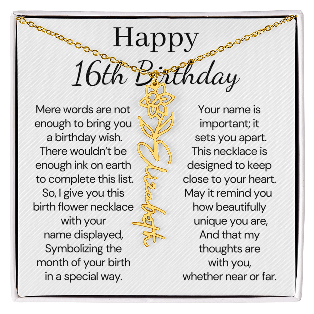Personalized 16th Birthday Gift for Her  – Customized Birth Flower Name Necklace – Jewelry Gift for Granddaughter, Daughter, or Niece