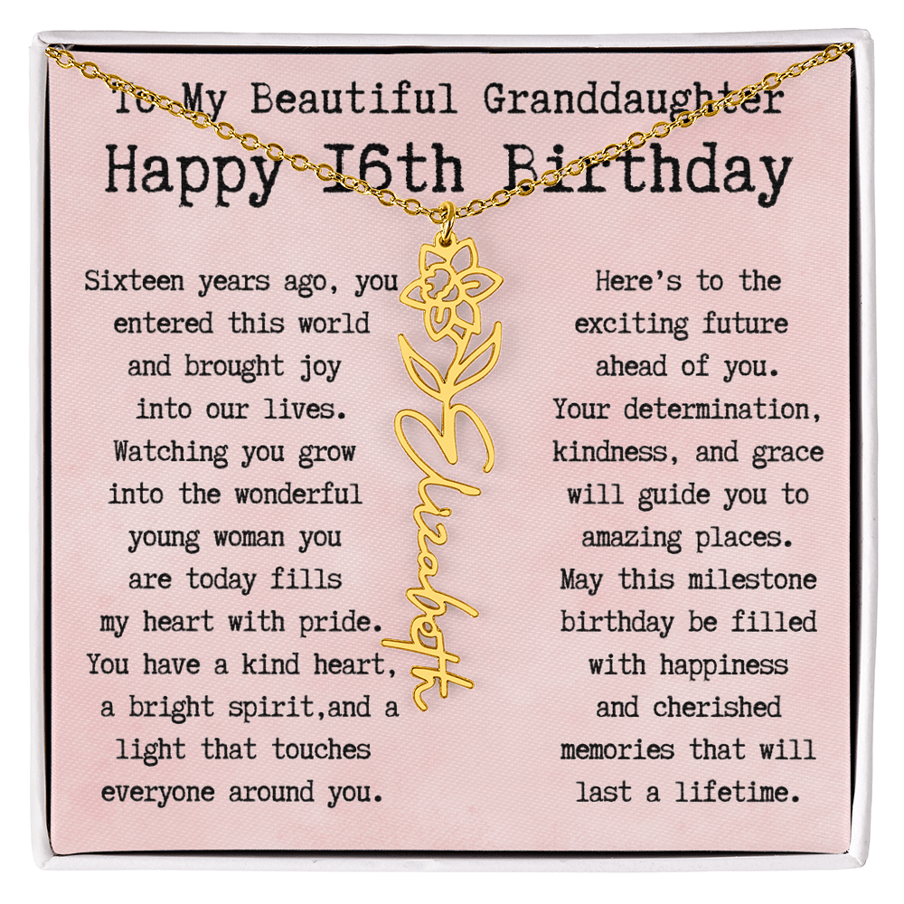 Personalized 16th Birthday Gift for Granddaughter – Customized Birth Flower Name Necklace – Sweet Sixteenth Jewelry Gift from Grandma