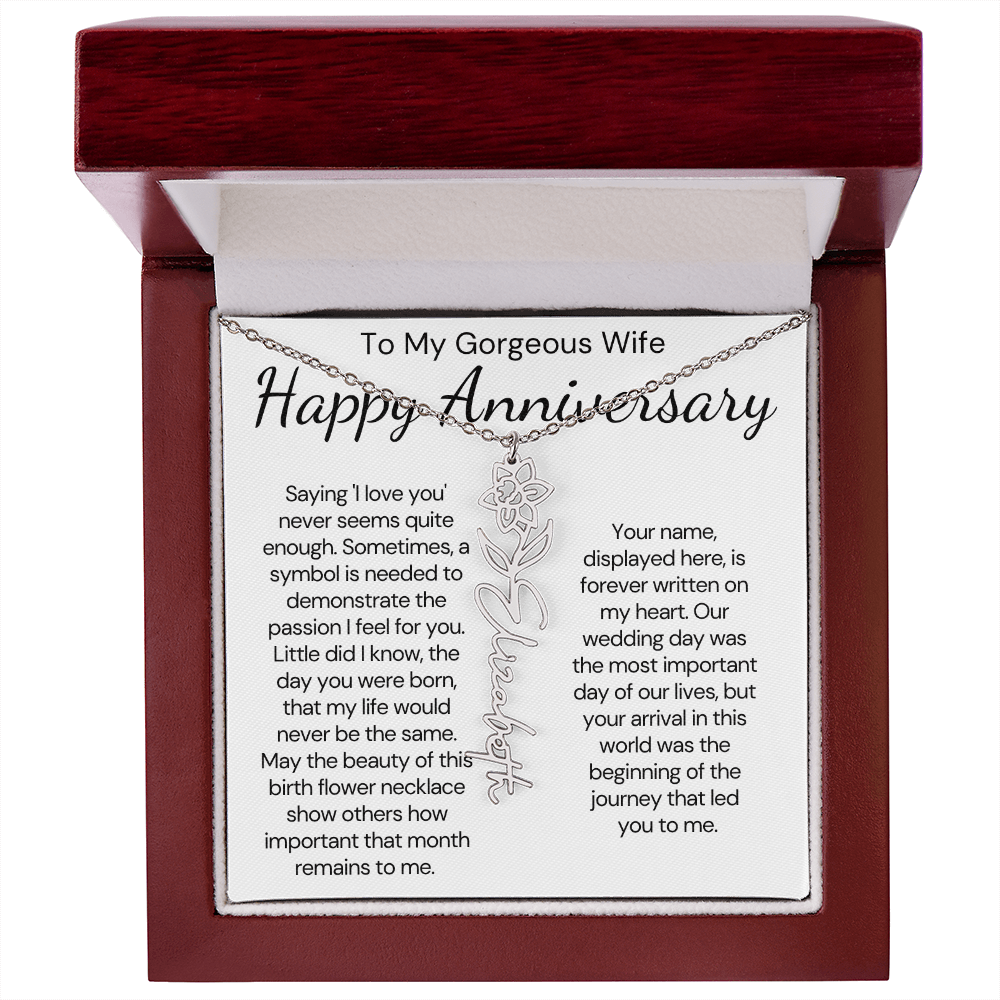 Personalized Anniversary Gift for Wife – Customized Birth Flower Name Necklace – Unique Wedding Anniversary Jewelry Gift from Husband