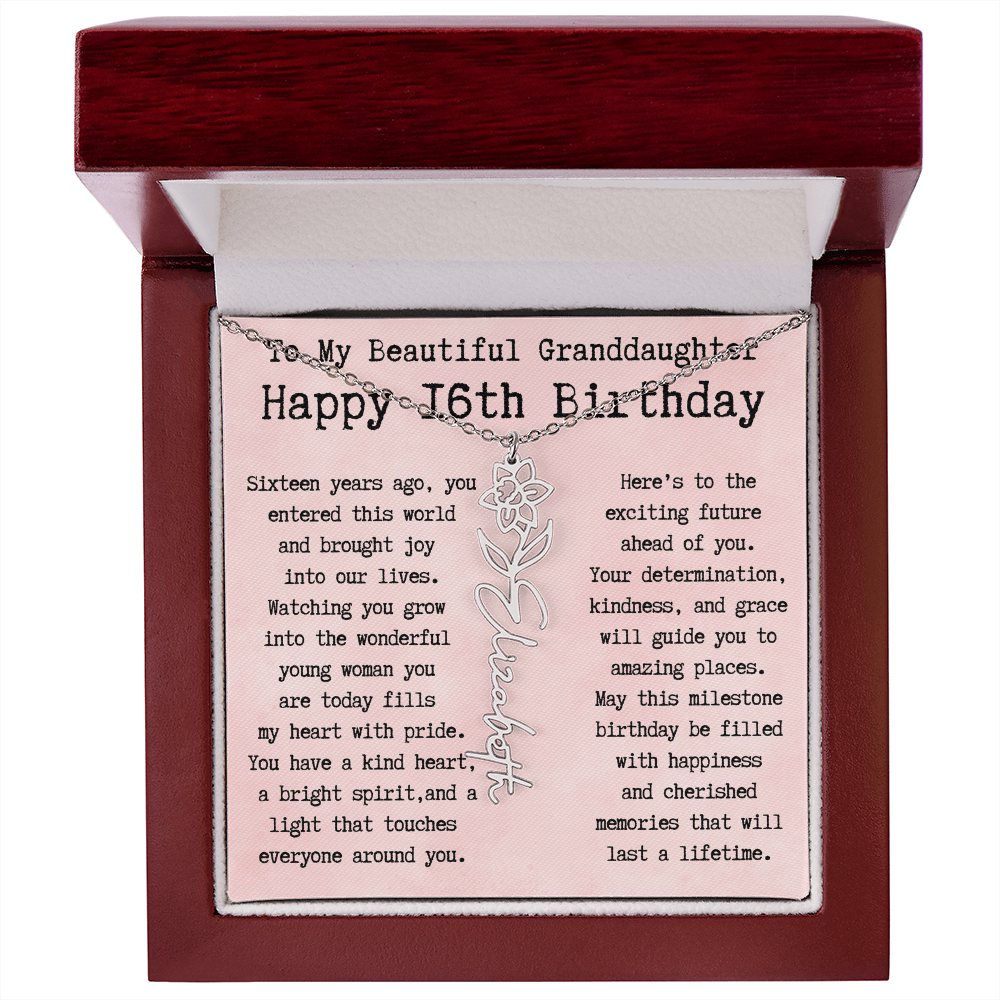 Personalized 16th Birthday Gift for Granddaughter – Customized Birth Flower Name Necklace – Sweet Sixteenth Jewelry Gift from Grandma