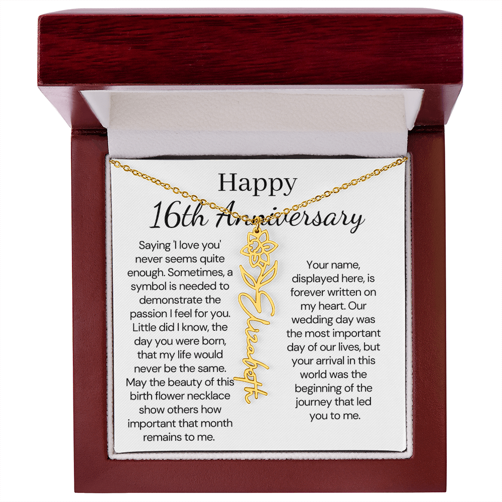Personalized 16th Anniversary Gift for Wife – Customized Birth Flower Name Necklace – Unique Sixteenth Wedding Anniversary Gift Ideas for Wife