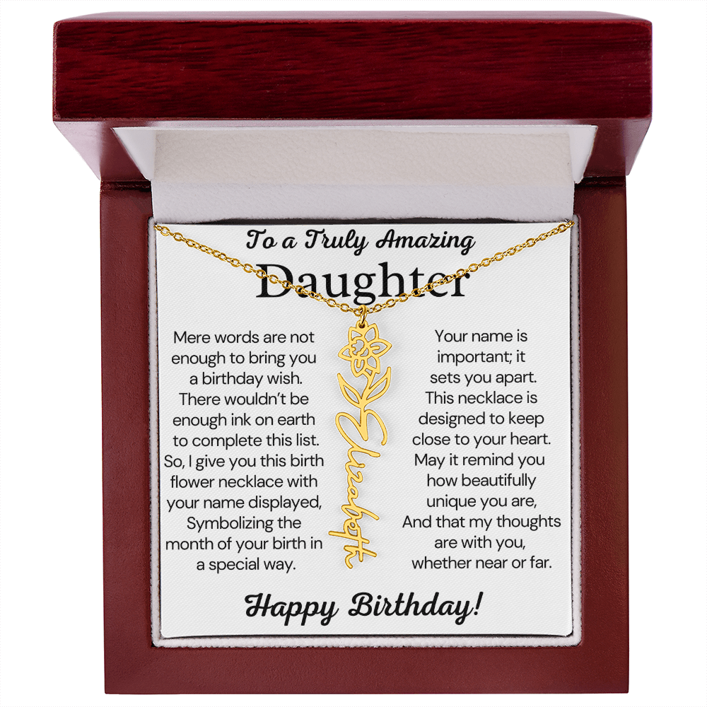 Personalized Birthday Gift for Daughter – Customized Birth Flower Name Necklace – Birthday Jewelry Gift from Mom or Dad