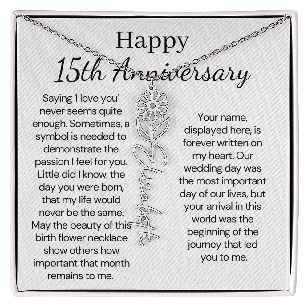 Personalized 15th Anniversary Gift for Wife – Customized Birth Flower Name Necklace – Unique Fifteenth Wedding Anniversary Gift Ideas for Wife from Husband