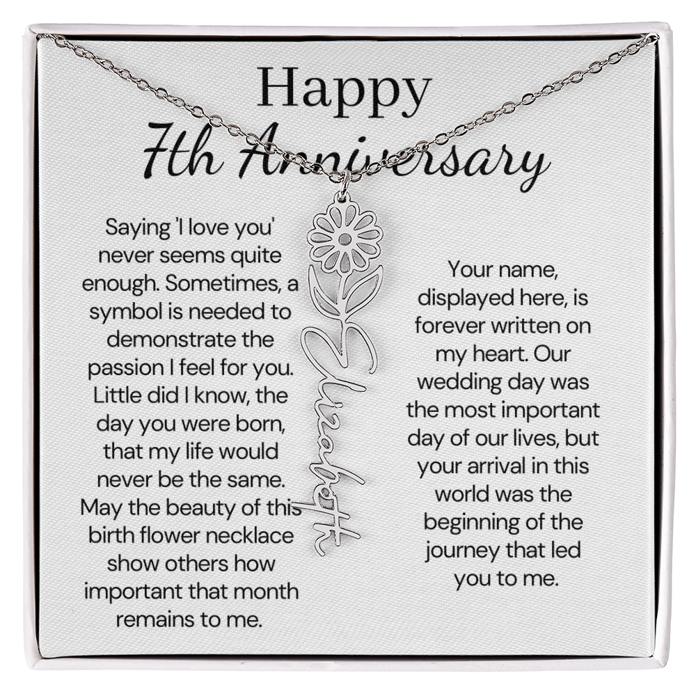 Personalized 7th Wedding Anniversary Gift for Wife – Customized Birth Flower Name Necklace – Unique Seventh Anniversary Gift Ideas for Wife from Husband