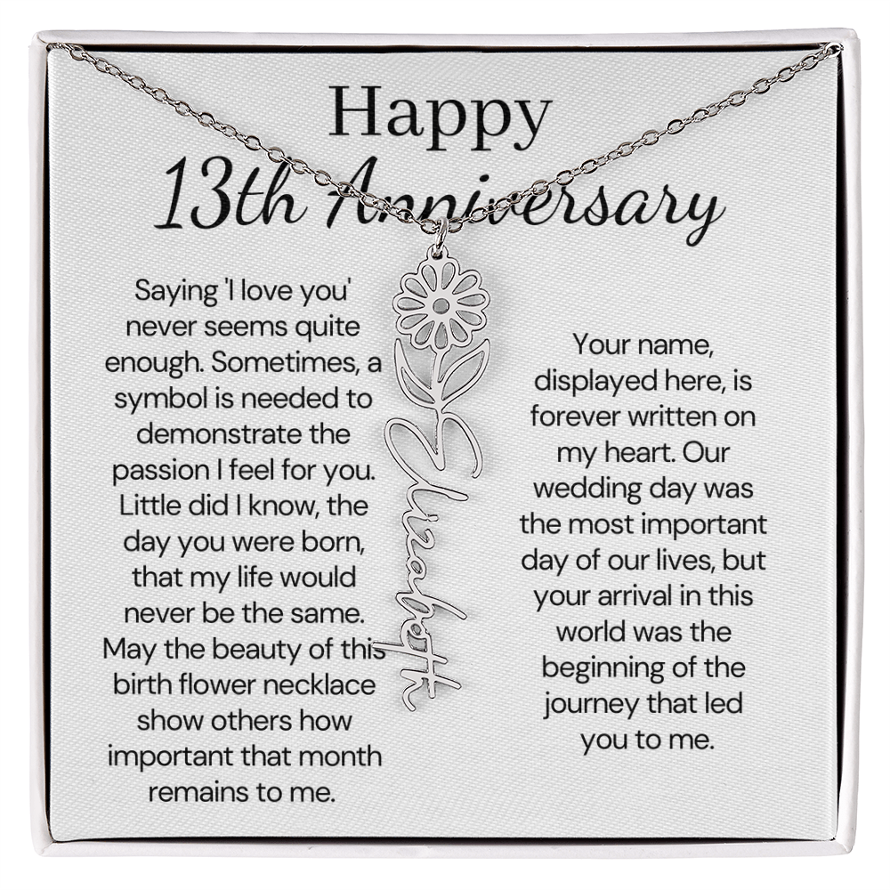 Personalized 13th Wedding Anniversary Gift for Wife – Customized Birth Flower Name Necklace – Unique Thirteenth Anniversary Gift Ideas for Wife from Husband