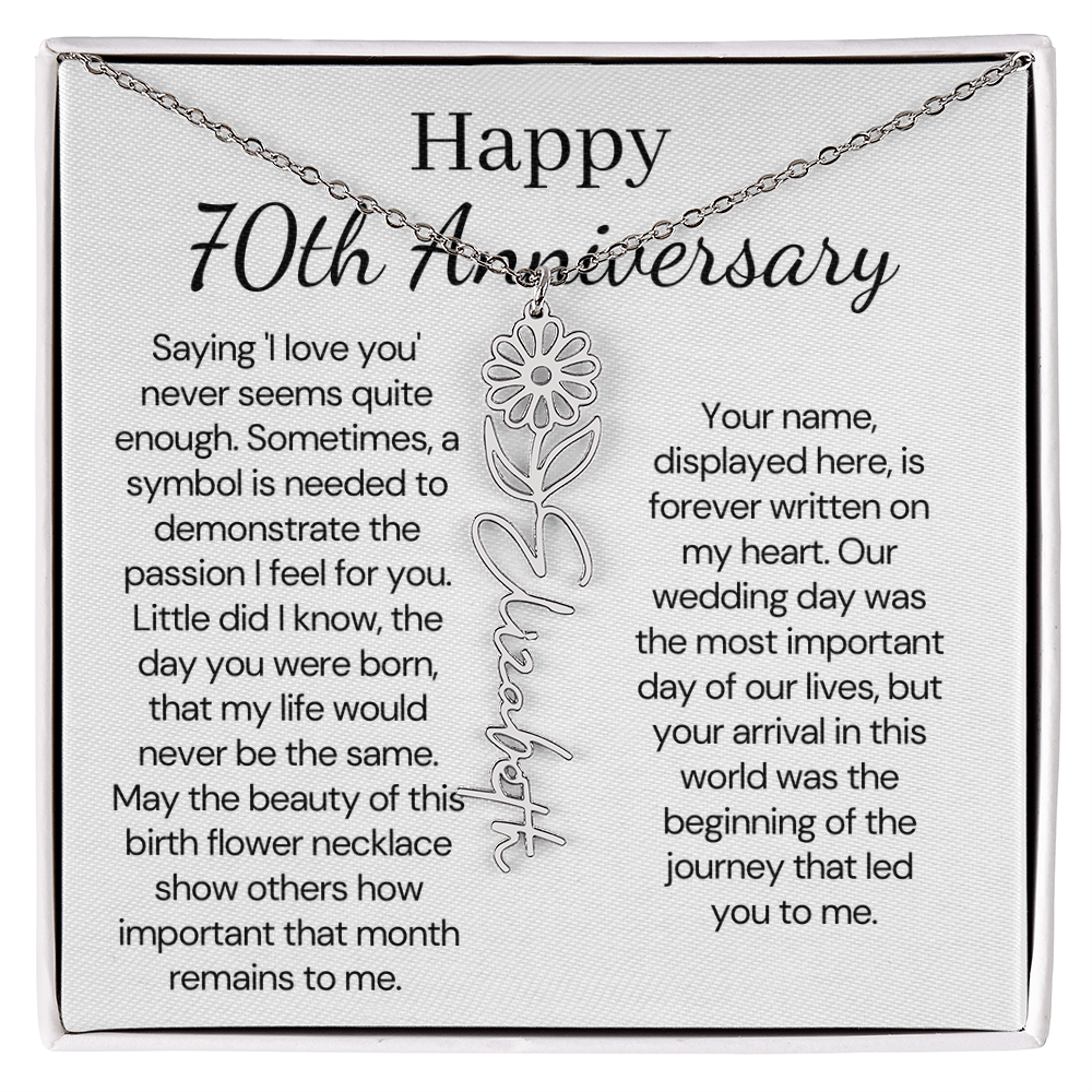 Personalized 70th Anniversary Gift for Wife – Customized Birth Flower Name Necklace – Unique Seventieth Wedding Anniversary Gift Ideas for Wife from Husband
