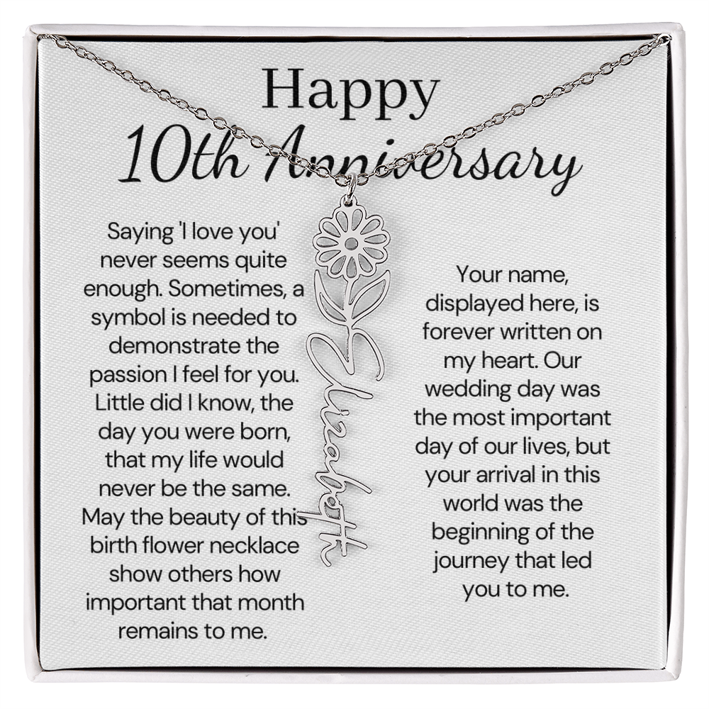 Personalized 10th Wedding Anniversary Gift for Wife – Customized Birth Flower Name Necklace – Unique Tenth Anniversary Gift Ideas for Wife from Husband