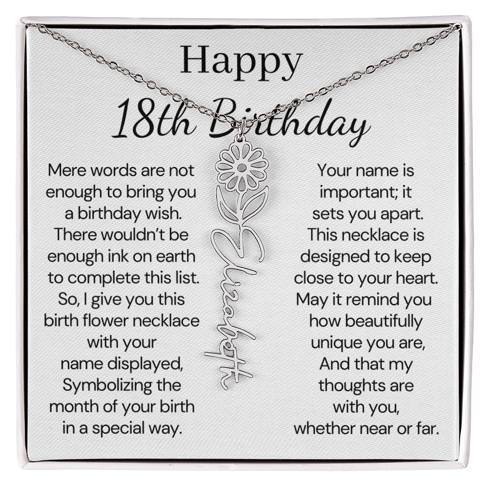Personalized 18th Birthday Gift for Her  – Customized Birth Flower Name Necklace – 18th Birthday Jewelry Gift for Granddaughter, Daughter, or Niece