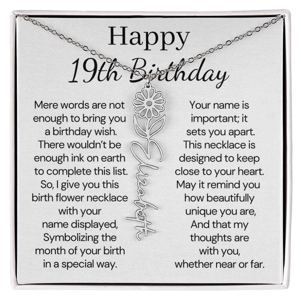 Personalized 19th Birthday Gift for Her  – Customized Birth Flower Name Necklace – 19th Birthday Jewelry Gift for Granddaughter, Daughter, or Niece