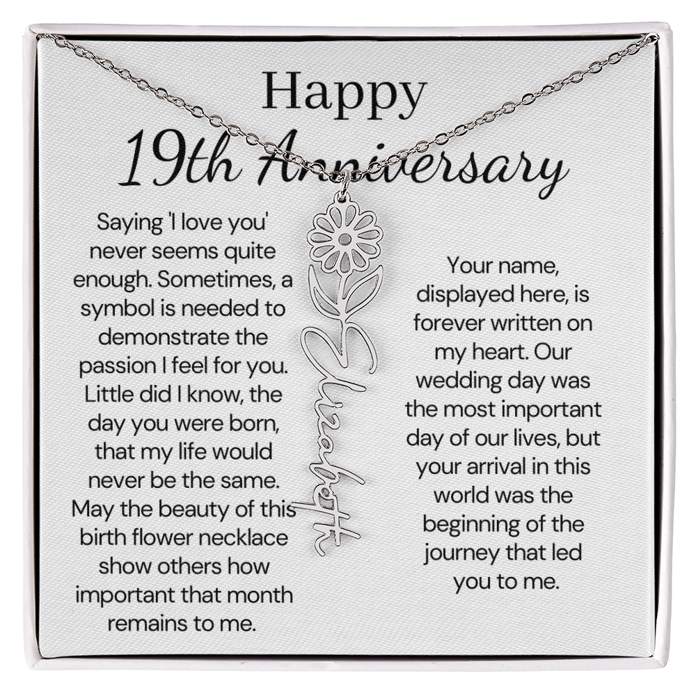 Personalized 19th Anniversary Gift for Wife – Customized Birth Flower Name Necklace – Unique Nineteenth Wedding Anniversary Gift Ideas for Wife from Husband