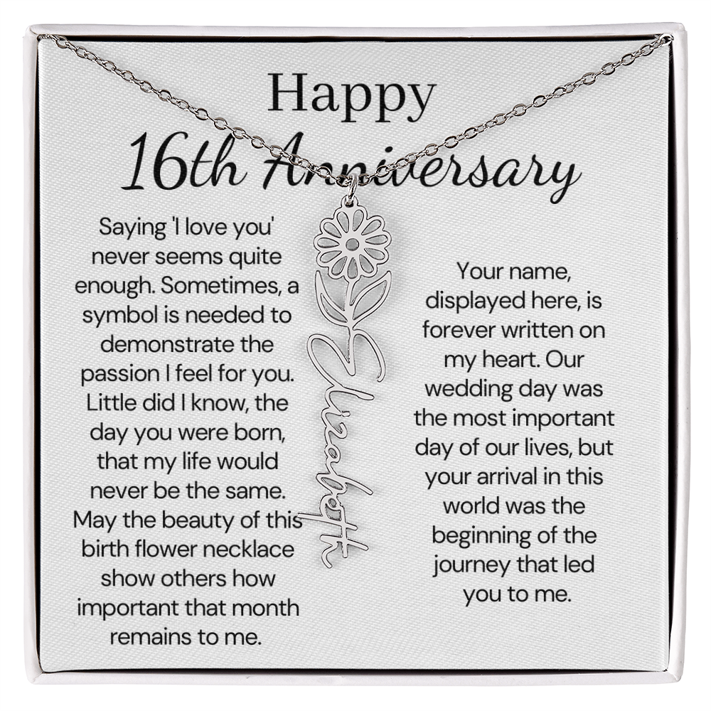 Personalized 16th Anniversary Gift for Wife – Customized Birth Flower Name Necklace – Unique Sixteenth Wedding Anniversary Gift Ideas for Wife