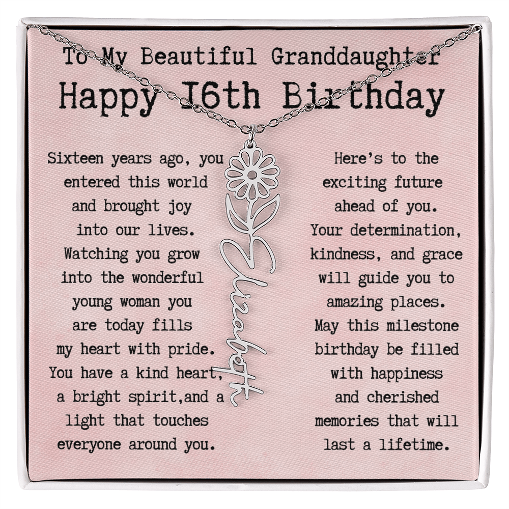 Personalized 16th Birthday Gift for Granddaughter – Customized Birth Flower Name Necklace – Sweet Sixteenth Jewelry Gift from Grandma