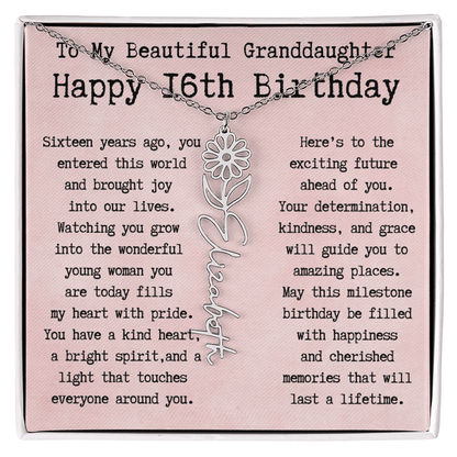 Personalized 16th Birthday Gift for Granddaughter – Customized Birth Flower Name Necklace – Sweet Sixteenth Jewelry Gift from Grandma