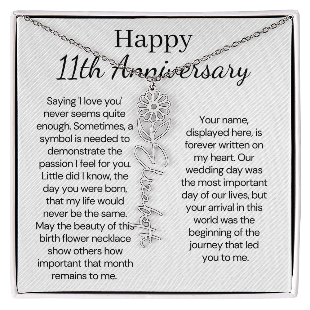 Personalized 11th Wedding Anniversary Gift for Wife – Customized Birth Flower Name Necklace – Unique Eleventh Anniversary Gift Ideas for Wife from Husband