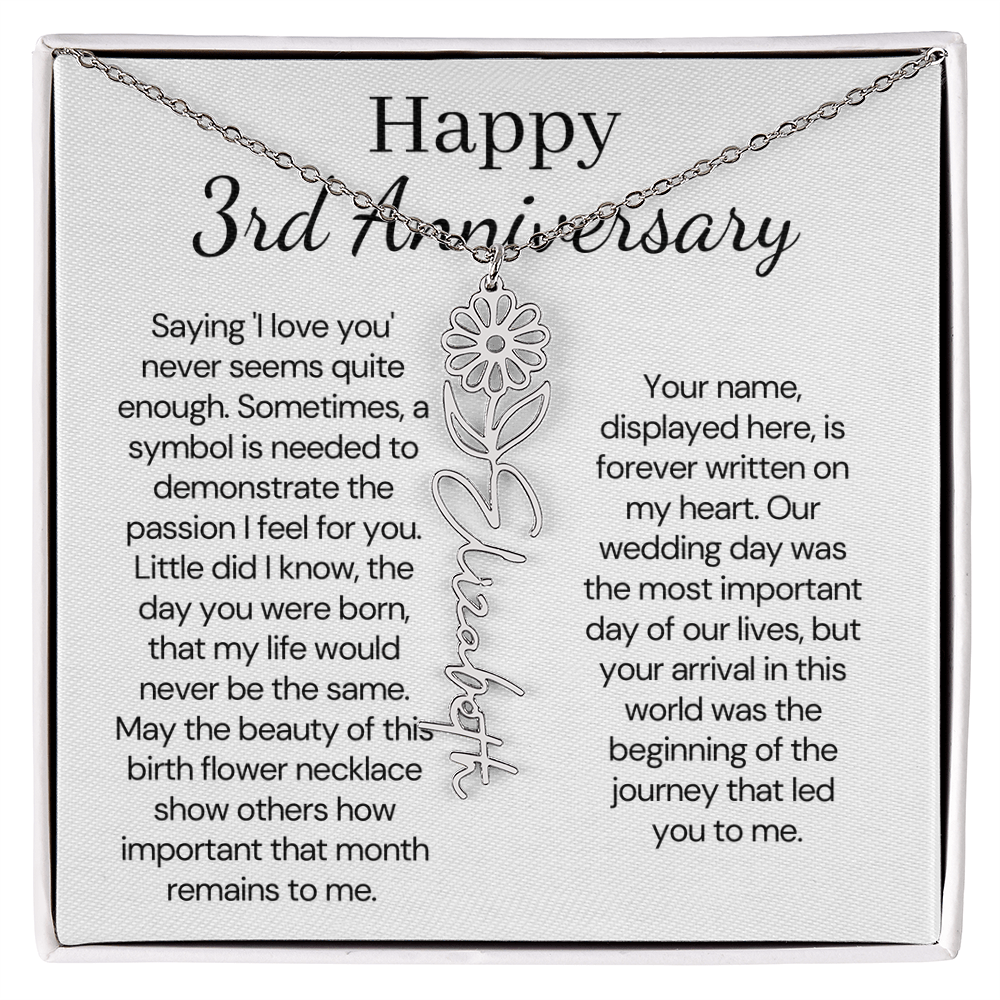 Personalized 3rd Wedding Anniversary Gift for Wife – Customized Birth Flower Name Necklace – Unique Third Anniversary Gift Ideas for Wife from Husband