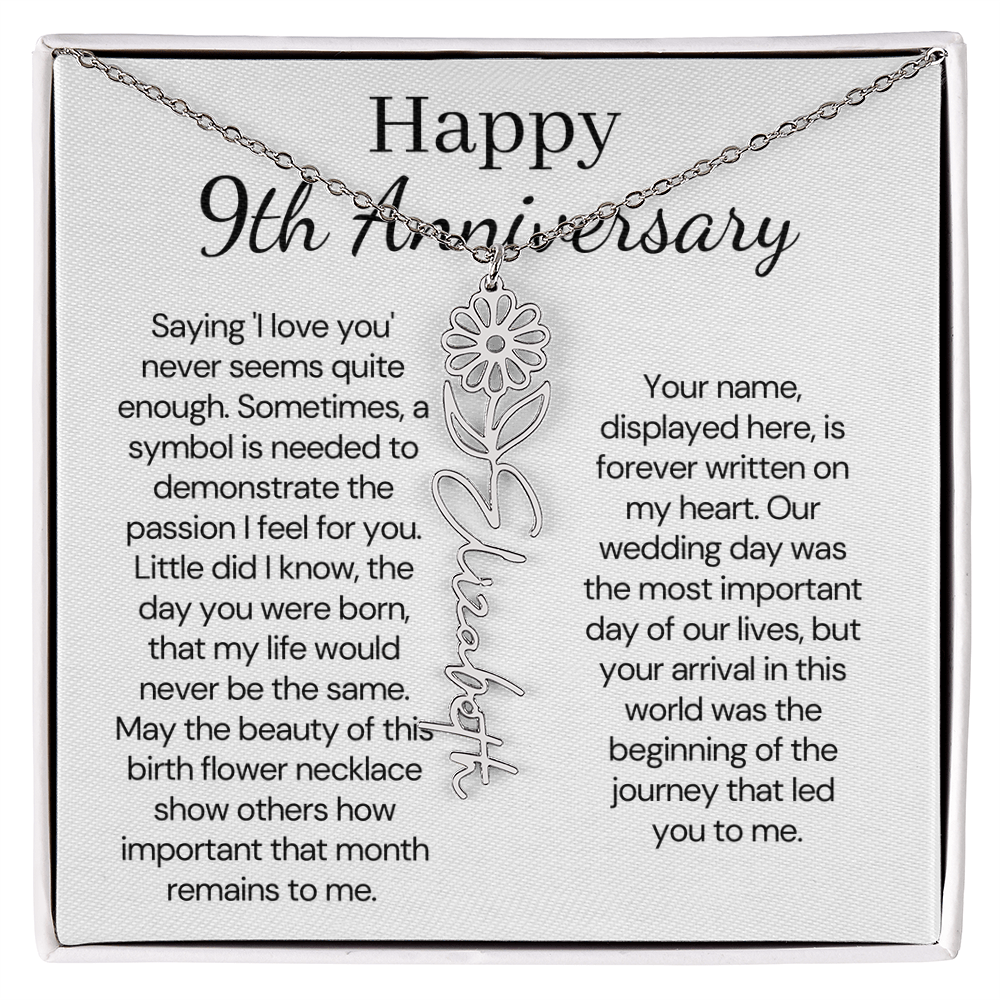Personalized 9th Wedding Anniversary Gift for Wife – Customized Birth Flower Name Necklace – Unique Ninth Anniversary Gift Ideas for Wife from Husband