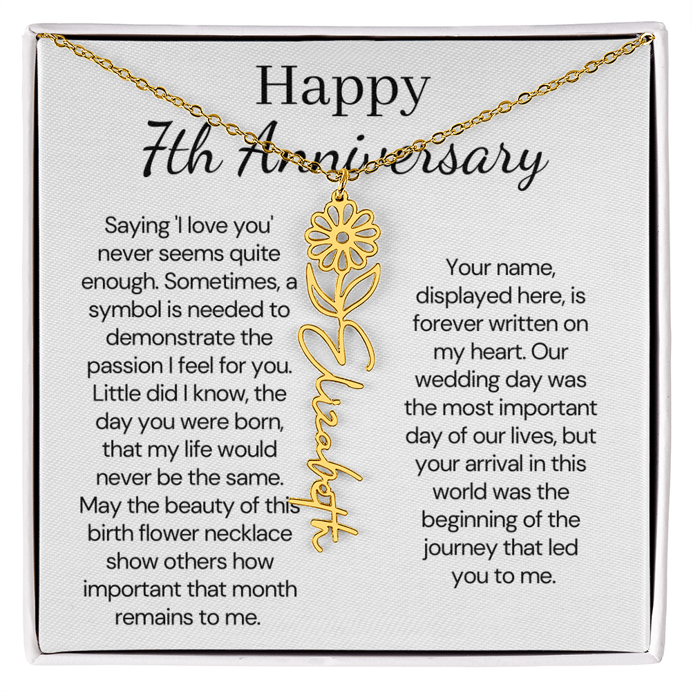 Personalized 7th Wedding Anniversary Gift for Wife – Customized Birth Flower Name Necklace – Unique Seventh Anniversary Gift Ideas for Wife from Husband