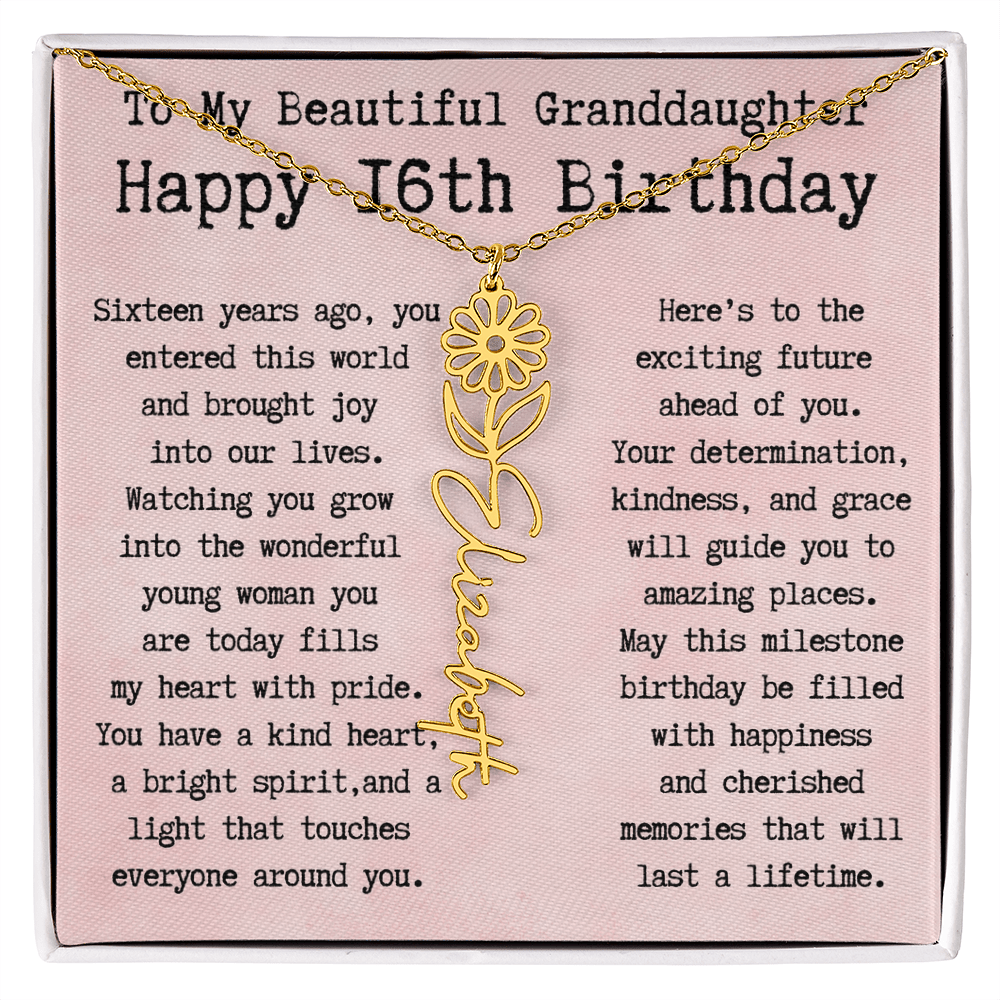 Personalized 16th Birthday Gift for Granddaughter – Customized Birth Flower Name Necklace – Sweet Sixteenth Jewelry Gift from Grandma