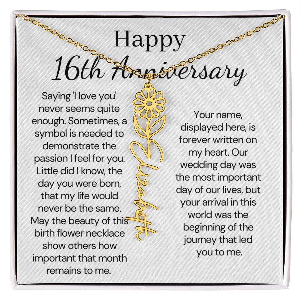 Personalized 16th Anniversary Gift for Wife – Customized Birth Flower Name Necklace – Unique Sixteenth Wedding Anniversary Gift Ideas for Wife