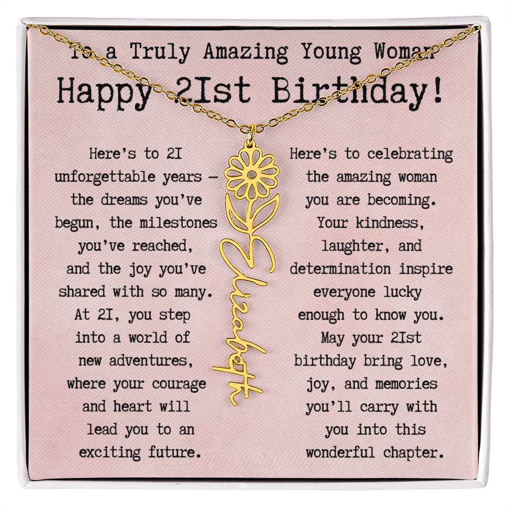 Personalized 21st Birthday Gift for Her – Customized Birth Flower Name Necklace – Unique Twenty-First Birthday Jewelry Gift from Grandma, Mom, Aunt, or Friend