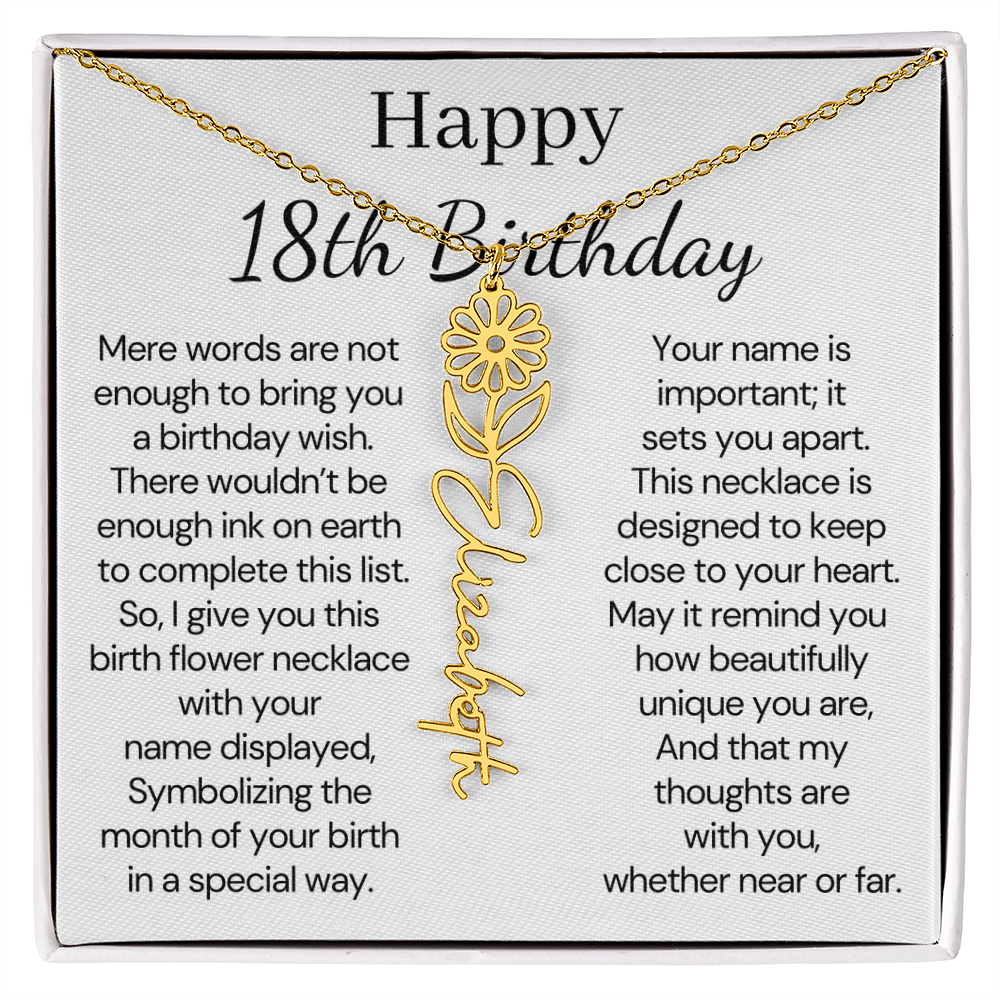Personalized 18th Birthday Gift for Her  – Customized Birth Flower Name Necklace – 18th Birthday Jewelry Gift for Granddaughter, Daughter, or Niece