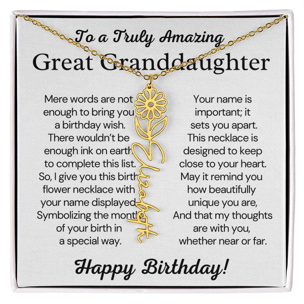 Personalized Birthday Gift for Great Granddaughter – Customized Birth Flower Name Necklace – Custom Jewelry Gift from Grandma