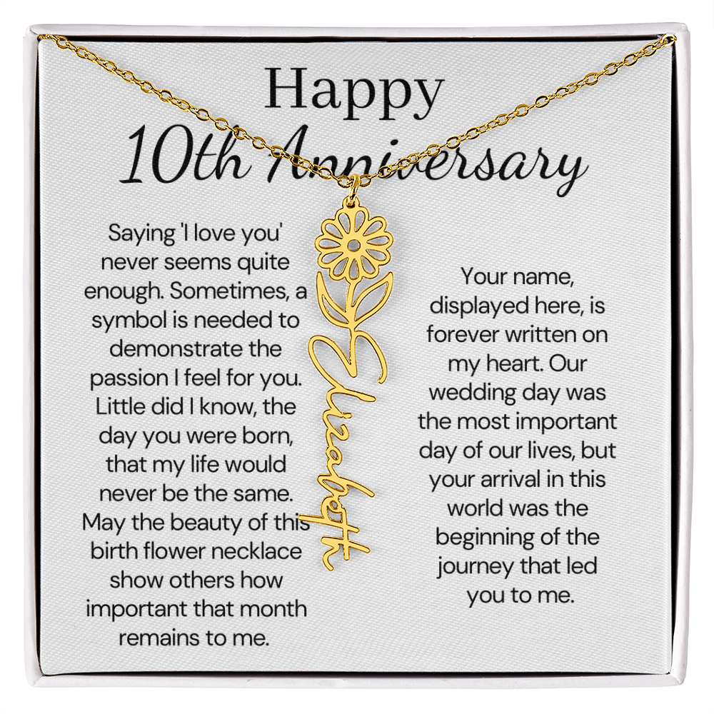Personalized 10th Wedding Anniversary Gift for Wife – Customized Birth Flower Name Necklace – Unique Tenth Anniversary Gift Ideas for Wife from Husband