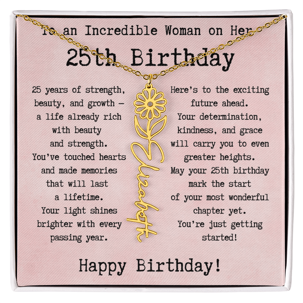 Personalized 25th Birthday Gift for Her – Customized Birth Flower Name Necklace – Unique Twenty-Fifth Birthday Jewelry Gift from Grandma, Mom, Aunt, or Friend