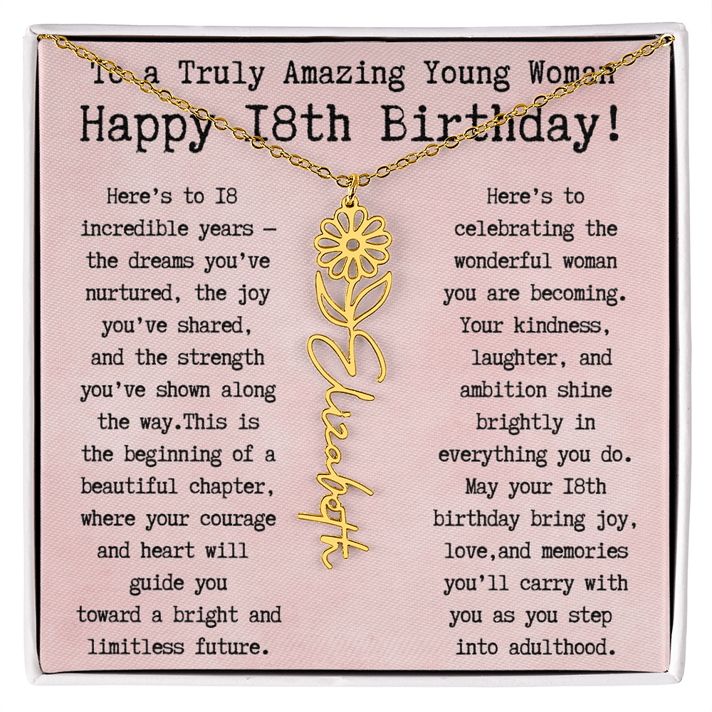 Personalized 18th Birthday Gift for Her – Customized Birth Flower Name Necklace – Unique Eighteenth Birthday Jewelry Gift from Grandma, Mom, Aunt, or Friend