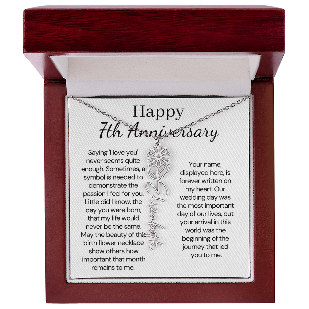 Personalized 7th Wedding Anniversary Gift for Wife – Customized Birth Flower Name Necklace – Unique Seventh Anniversary Gift Ideas for Wife from Husband
