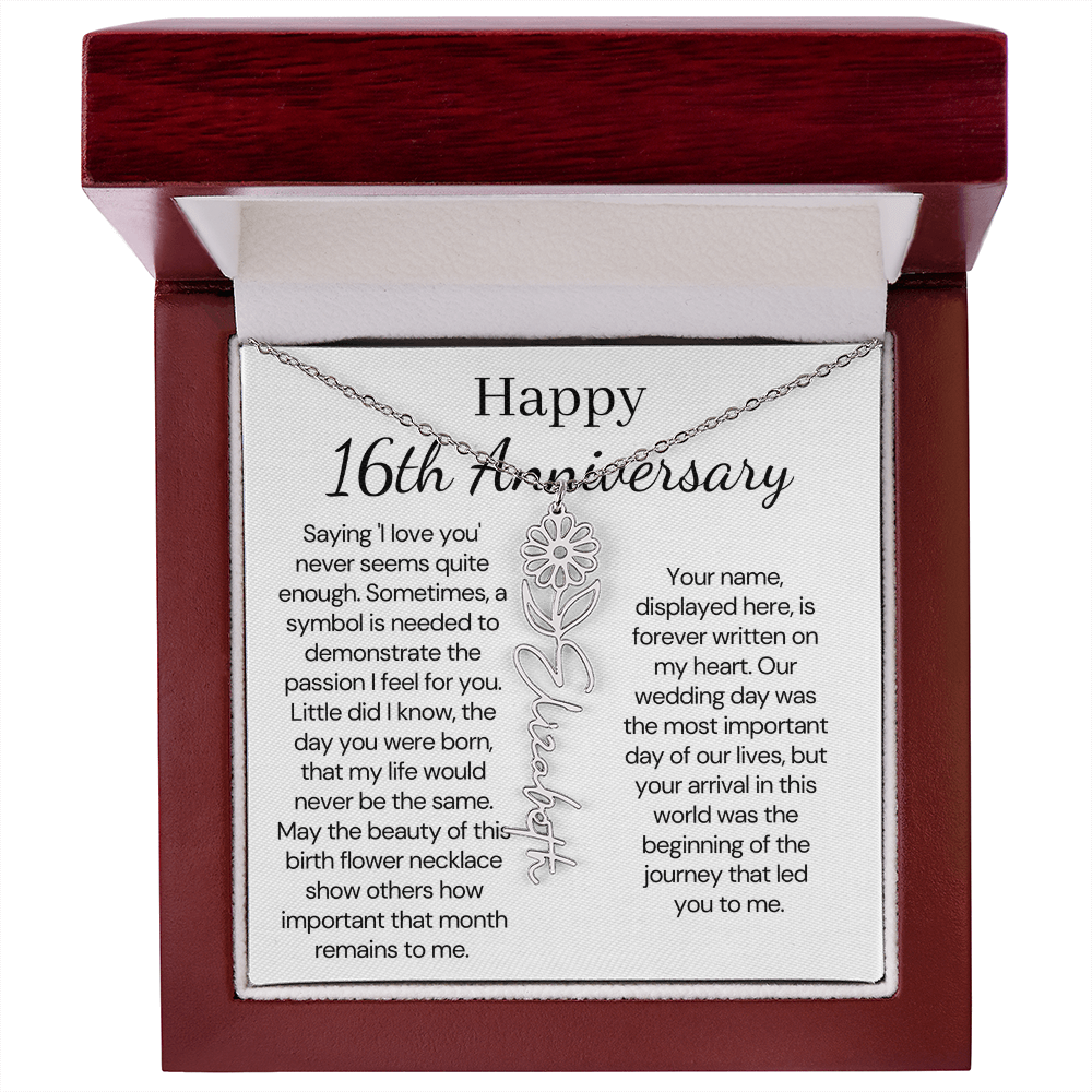 Personalized 16th Anniversary Gift for Wife – Customized Birth Flower Name Necklace – Unique Sixteenth Wedding Anniversary Gift Ideas for Wife