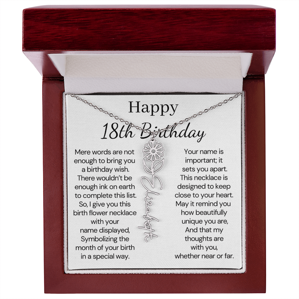 Personalized 18th Birthday Gift for Her  – Customized Birth Flower Name Necklace – 18th Birthday Jewelry Gift for Granddaughter, Daughter, or Niece
