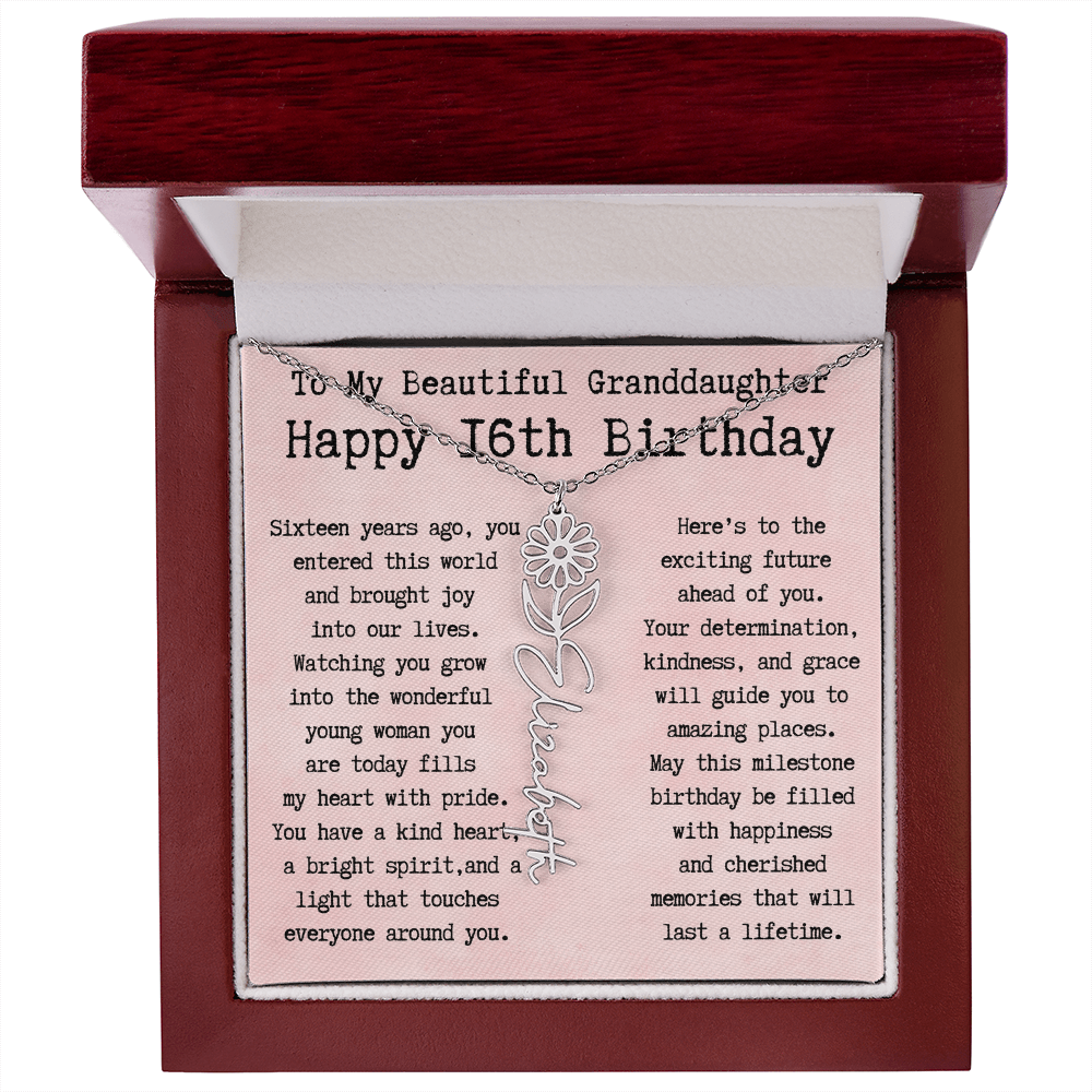 Personalized 16th Birthday Gift for Granddaughter – Customized Birth Flower Name Necklace – Sweet Sixteenth Jewelry Gift from Grandma