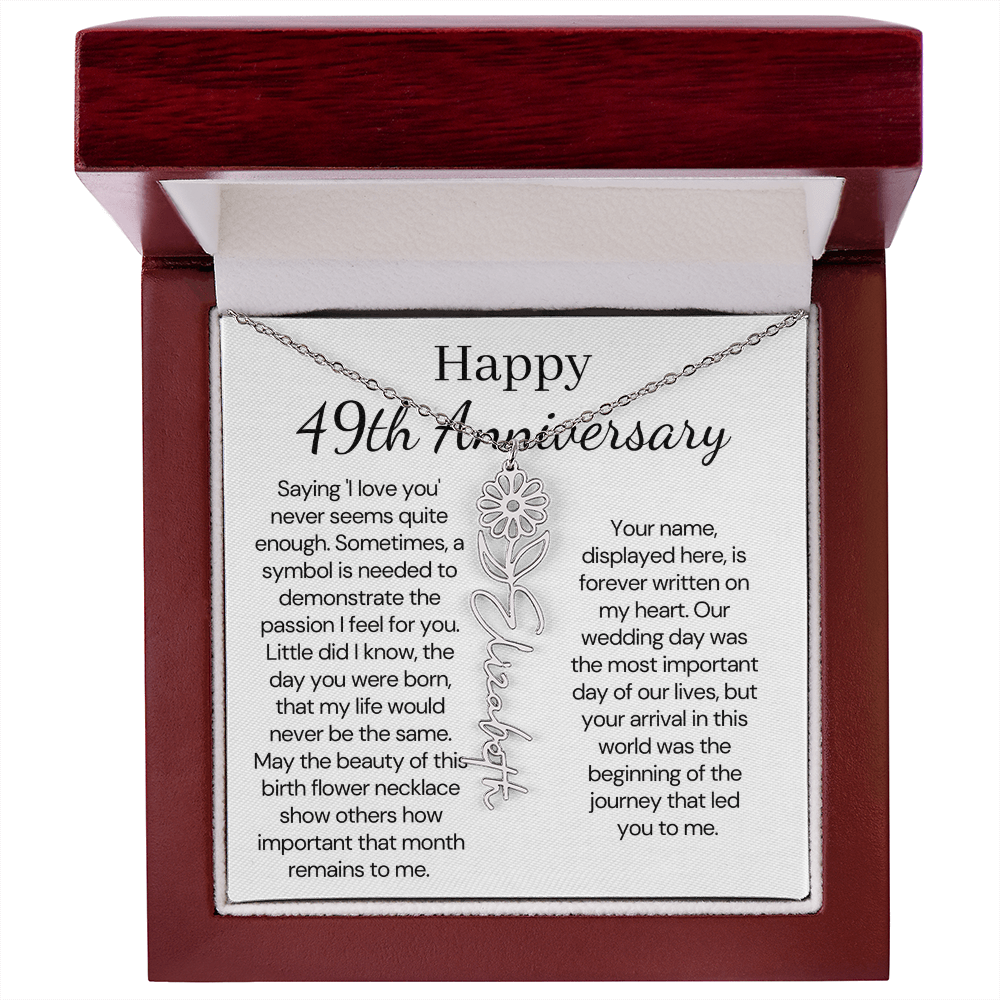 Personalized 49th Anniversary Gift for Wife – Customized Birth Flower Name Necklace – Unique Forty-Ninth Wedding Anniversary Gift Ideas for Wife from Husband