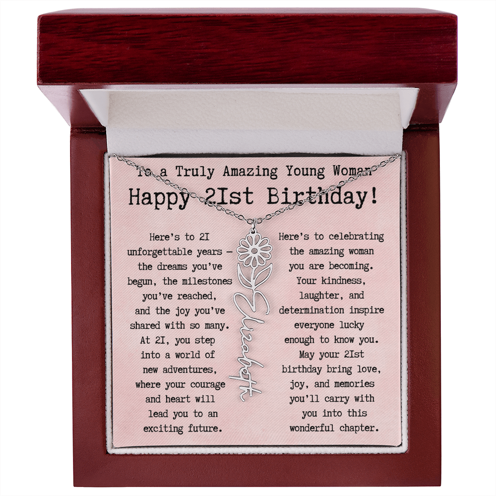 Personalized 21st Birthday Gift for Her – Customized Birth Flower Name Necklace – Unique Twenty-First Birthday Jewelry Gift from Grandma, Mom, Aunt, or Friend