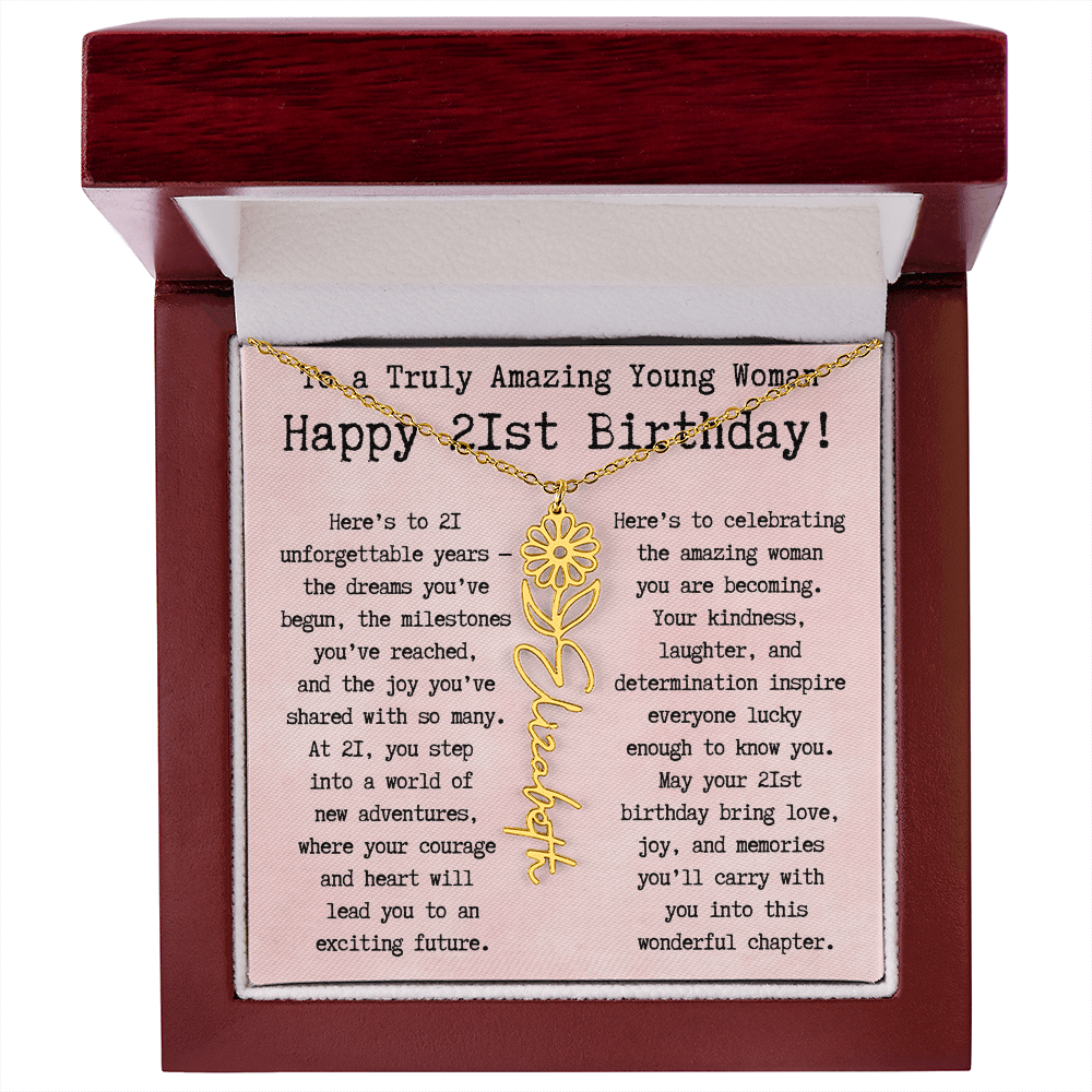 Personalized 21st Birthday Gift for Her – Customized Birth Flower Name Necklace – Unique Twenty-First Birthday Jewelry Gift from Grandma, Mom, Aunt, or Friend